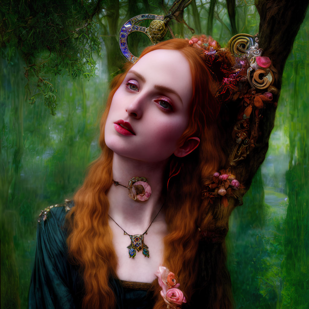 Portrait of Woman with Red Hair and Elf-like Ears in Mystical Forest