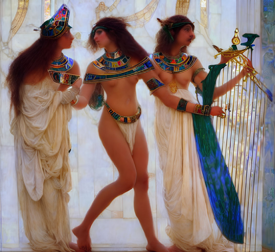 Three individuals in Ancient Egyptian attire pose with a golden harp against a luminescent backdrop