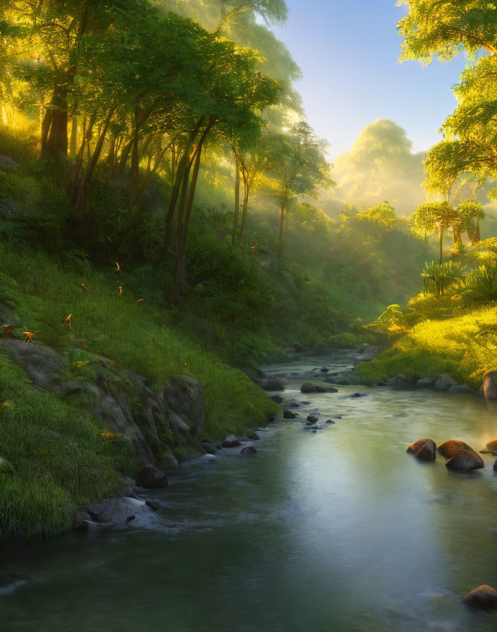 Tranquil river scene with lush trees and sunlight filtering through foliage