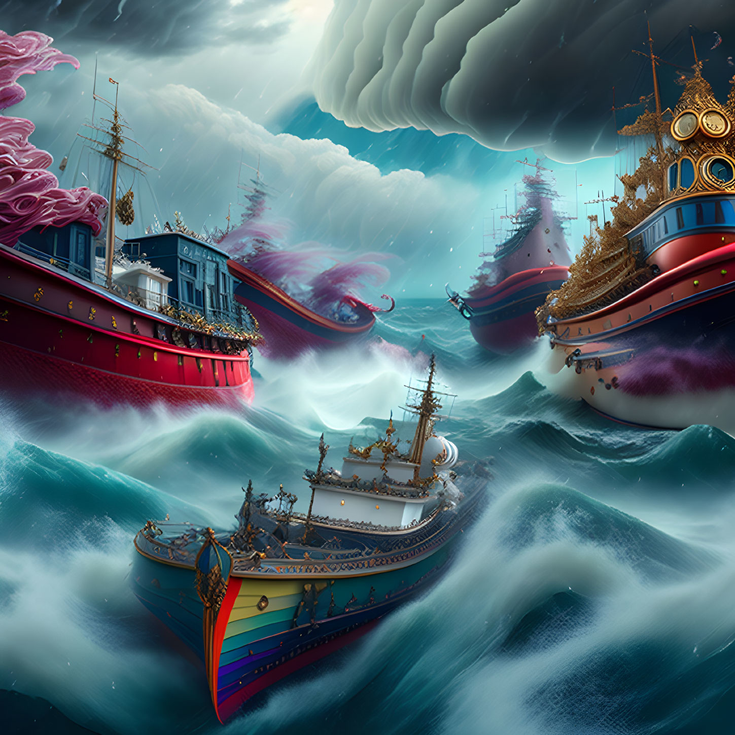 Ornate ships in surreal nautical scene amid tempestuous seas