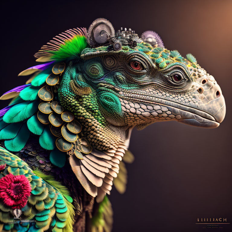 Vibrant creature artwork with lizard-like features and intricate patterns