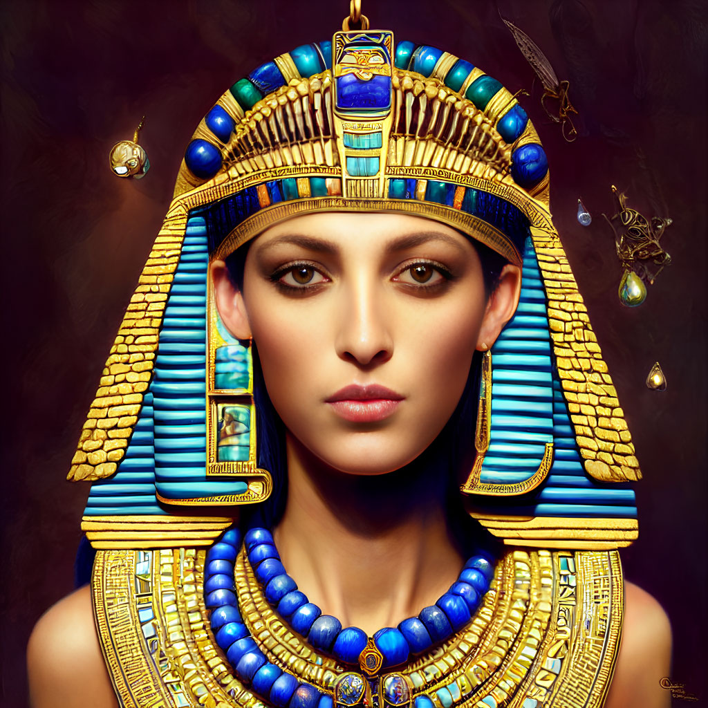 Ancient Egyptian Pharaoh Woman Artwork with Gold and Lapis Lazuli Collar