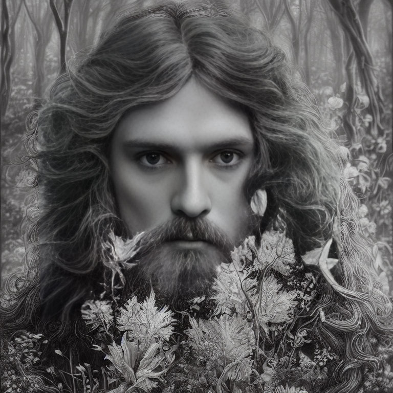 Monochrome portrait of man with long hair in forest setting