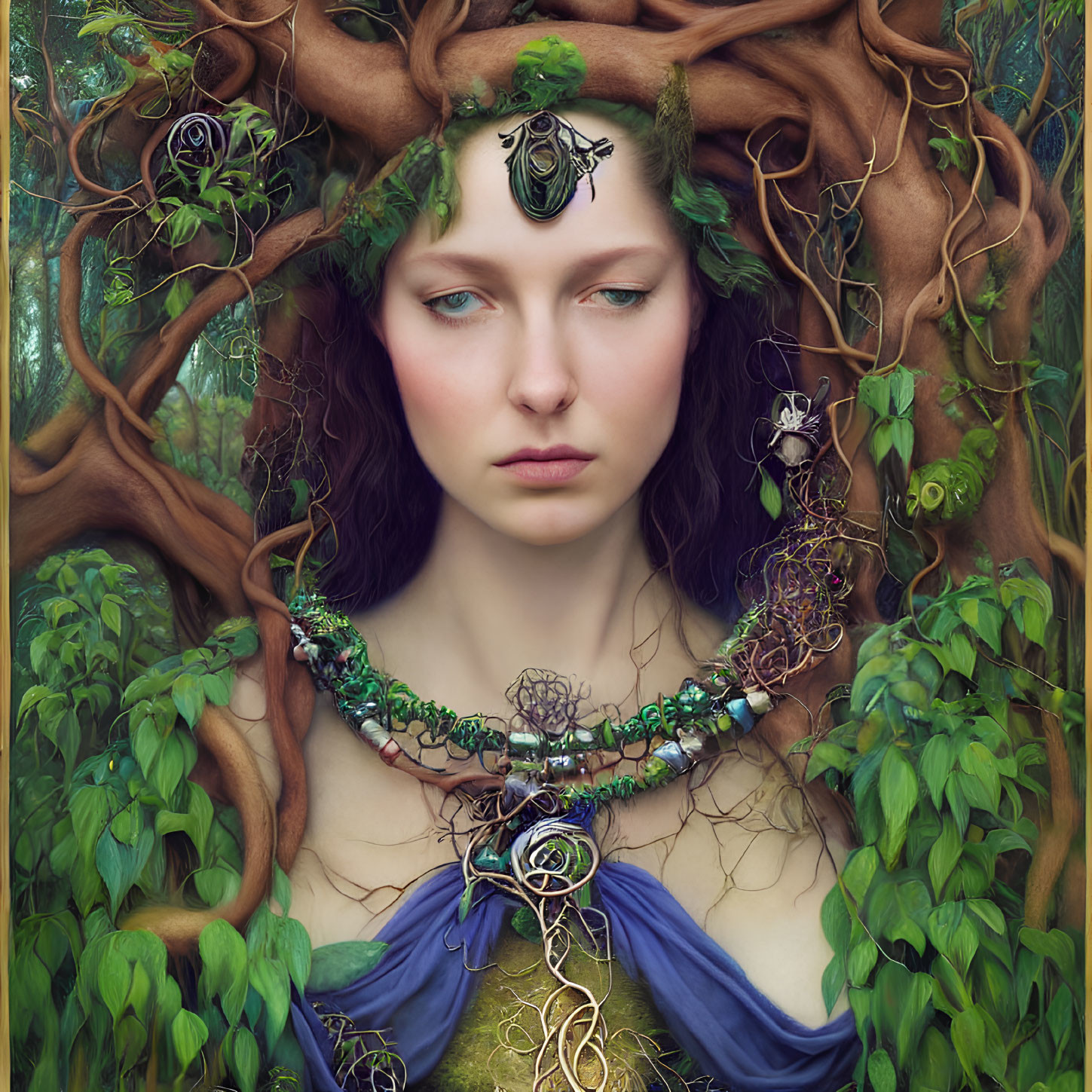 Nature personification with vine-like hair in blue garment among forest.