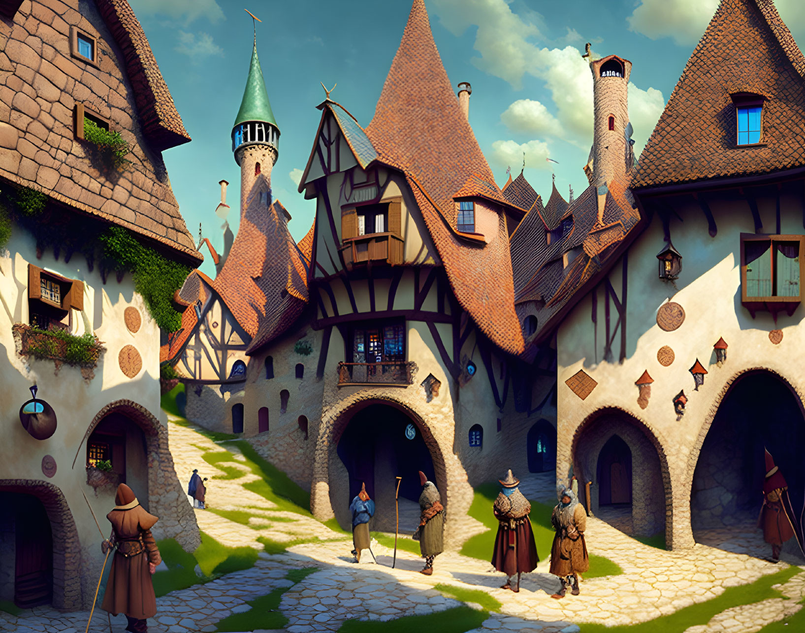 Medieval village scene with townspeople and cobblestone streets