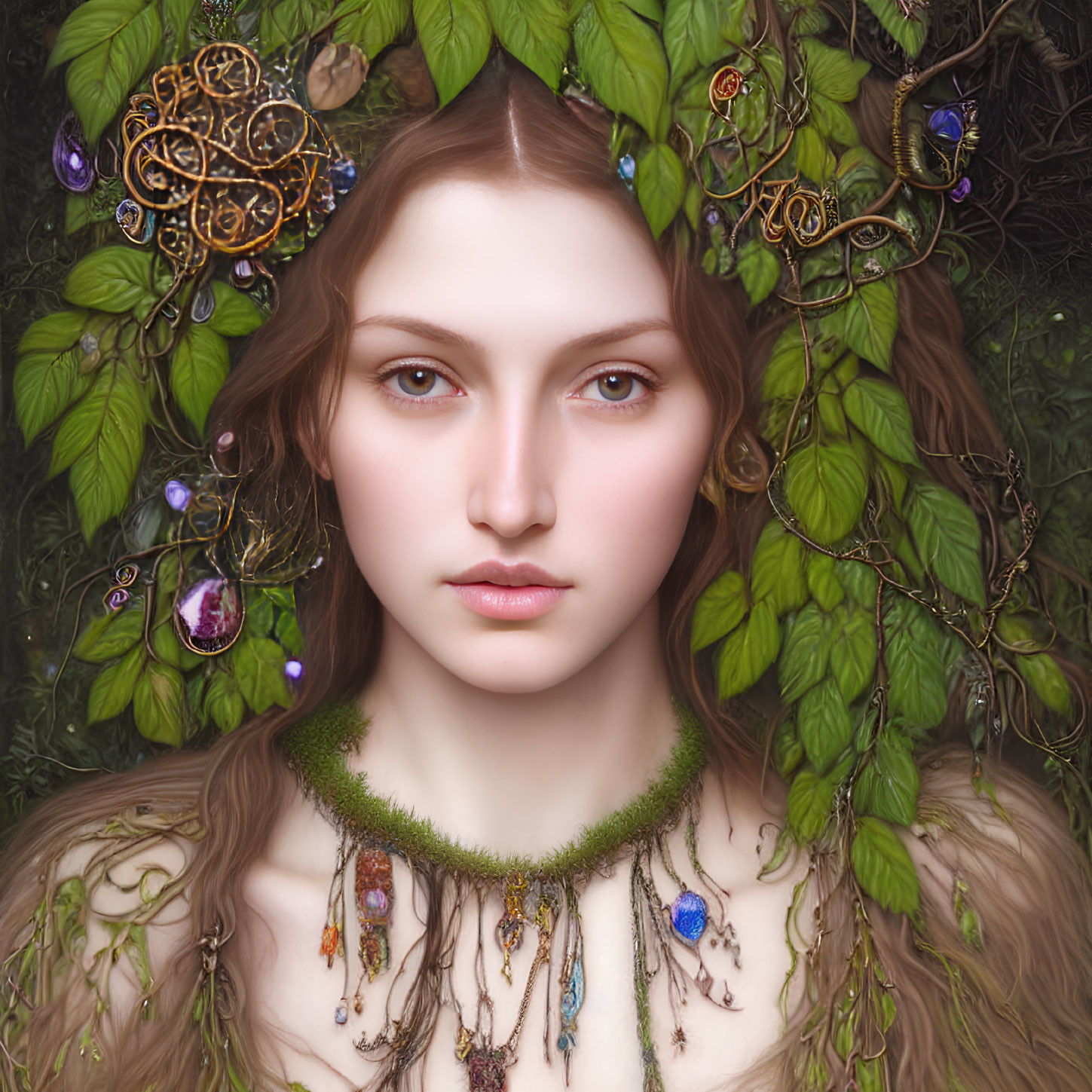 Portrait of woman with mystical aura, golden headpieces, lush greenery, gemstone pendants