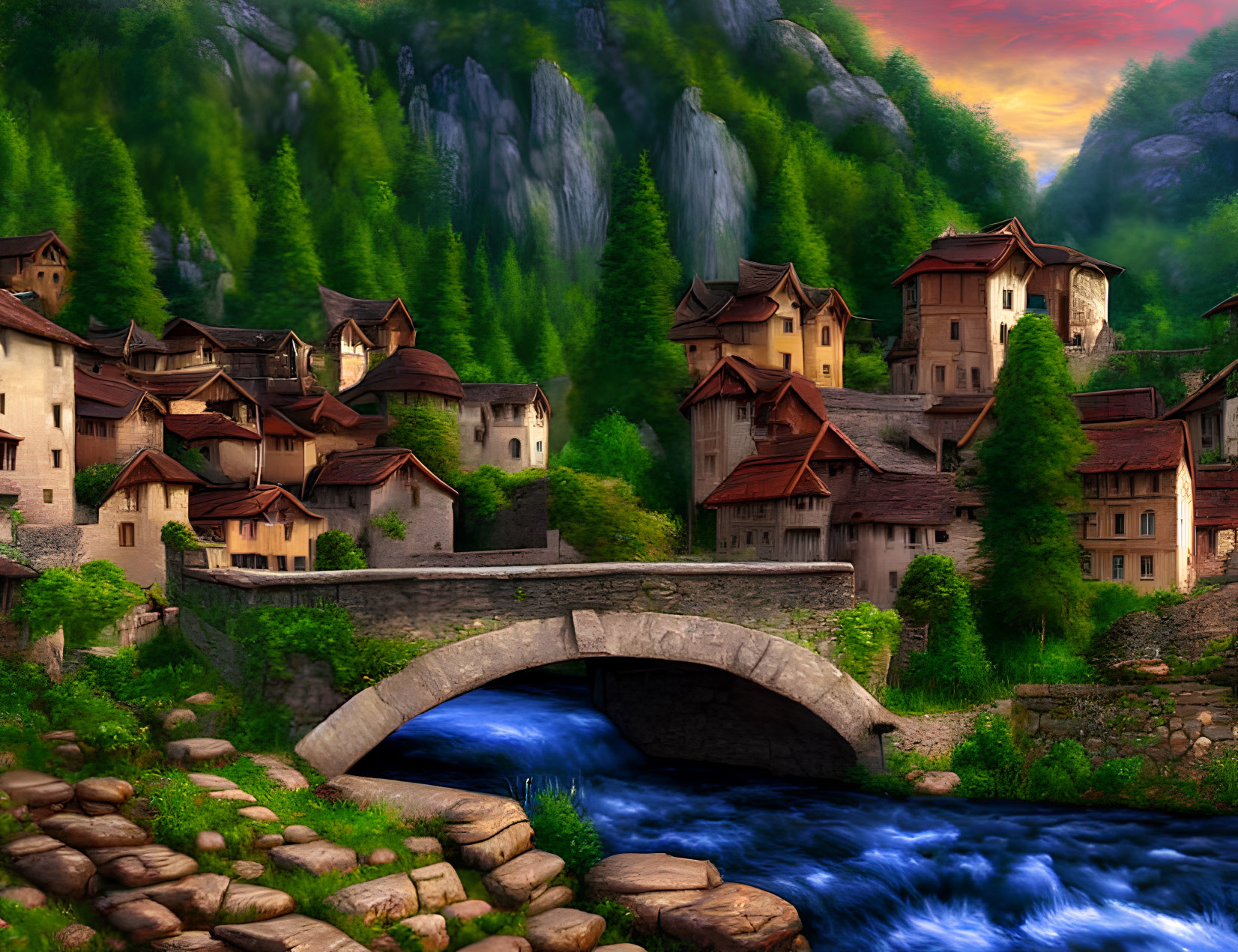 Medieval village with stone houses, arched bridge, river, cliffs, and lush greenery at