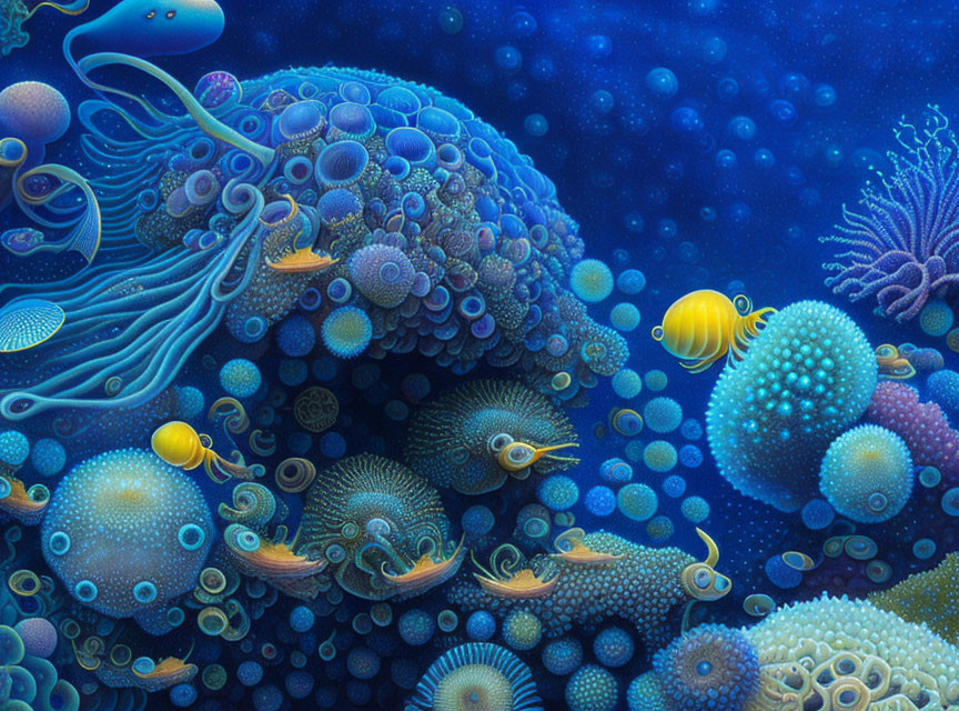 Colorful digital artwork: Stylized sea creatures and coral in blue and yellow