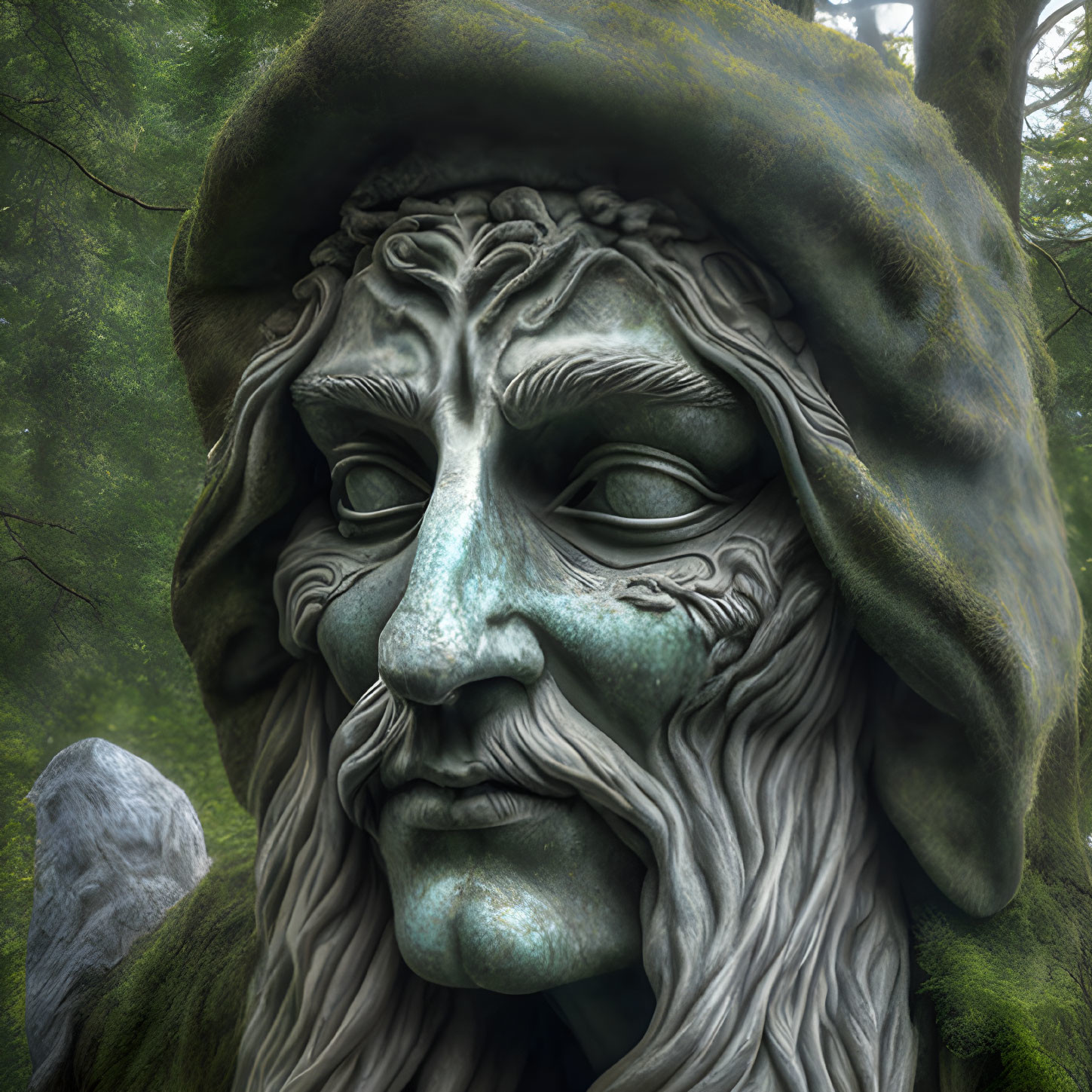 Elderly bearded man sculpture in forest setting