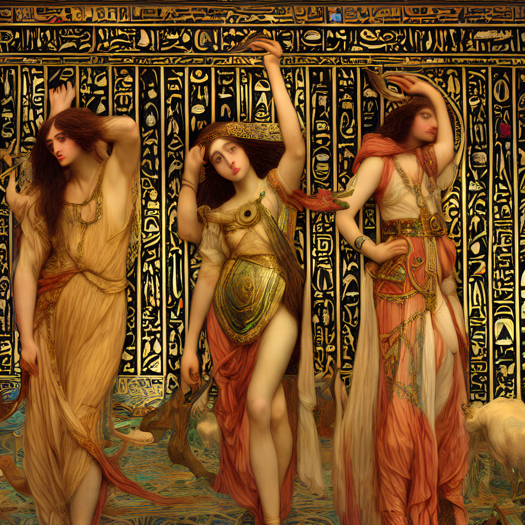 Three Women in Classical Dresses Standing Before Ornate Golden Background