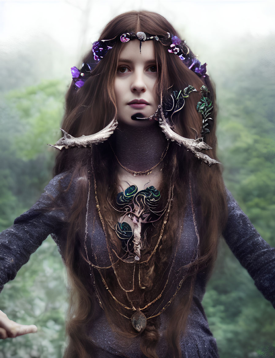 Woman in mystical forest with floral crown and antler jewelry gazes at viewer