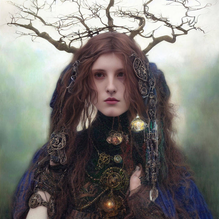 Mystical woman with tree branches and golden ornaments in dark cloak