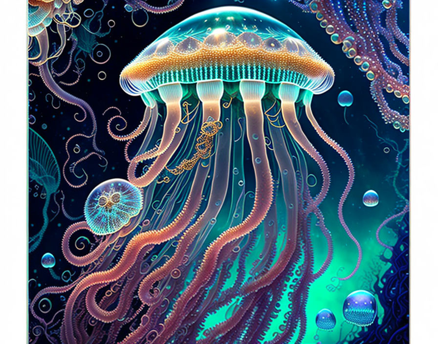 Colorful Jellyfish Illustration with Glowing Tentacles in Underwater Scene