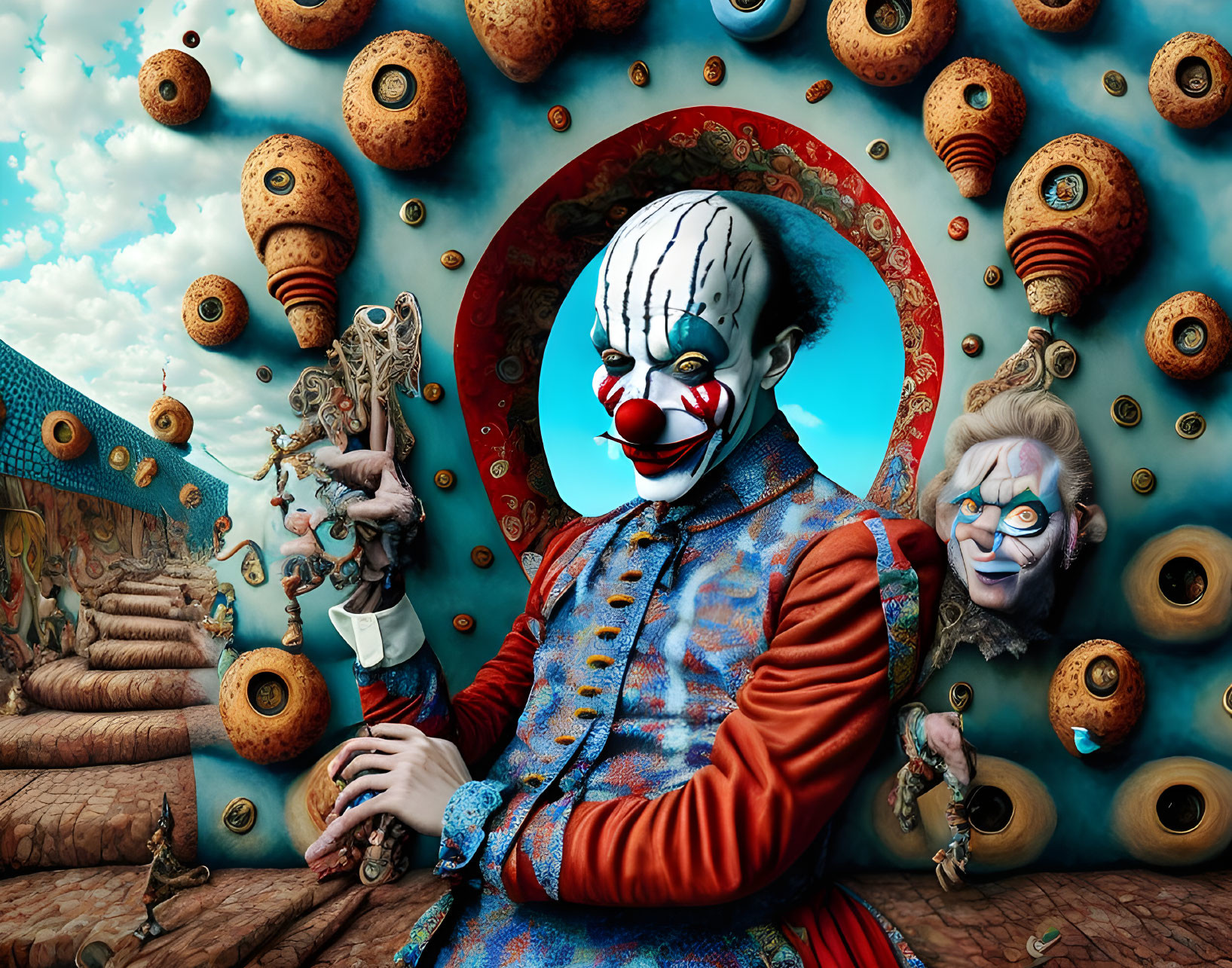 Colorful surreal clown surrounded by masks and spirals on blue background