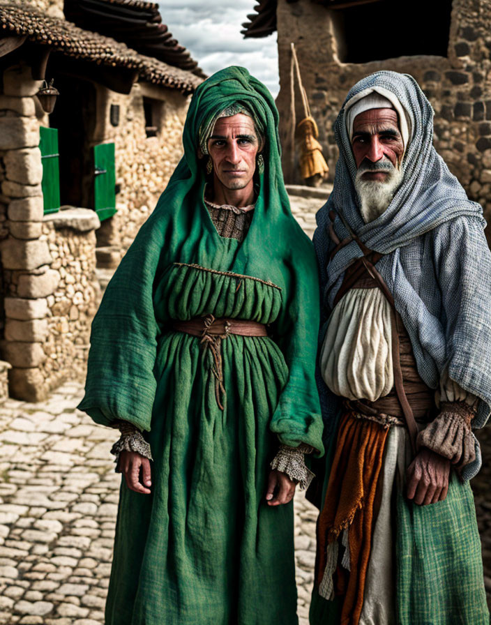 Medieval-themed reenactment with rustic village backdrop