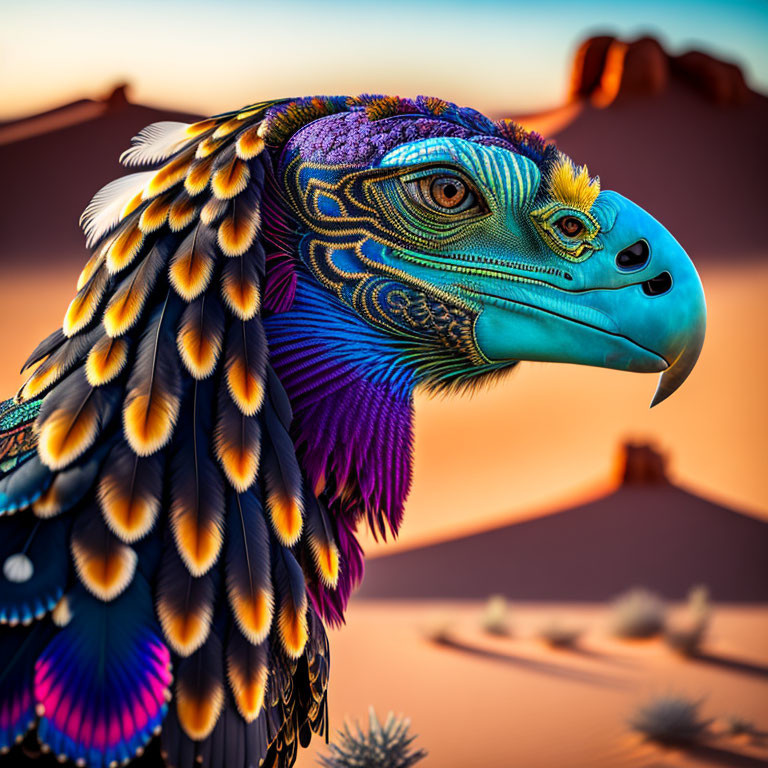 Colorful Eagle Head Sculpture Against Desert Backdrop