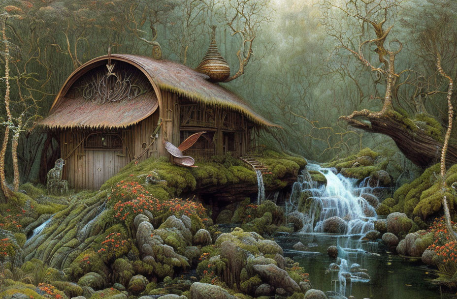 Whimsical thatched roof cottage in enchanted forest