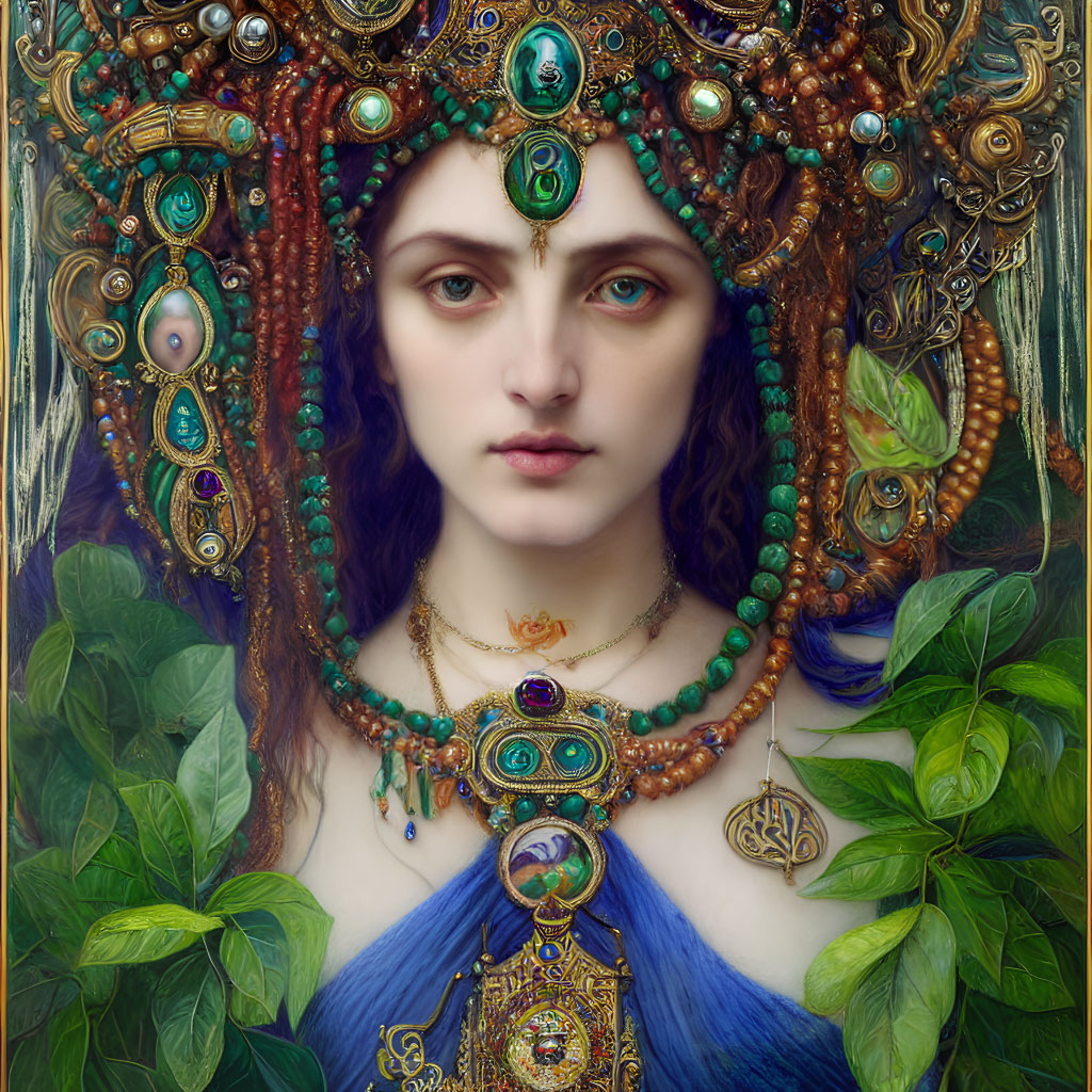 Portrait of woman with elaborate jewelry and third eye, surrounded by lush greenery