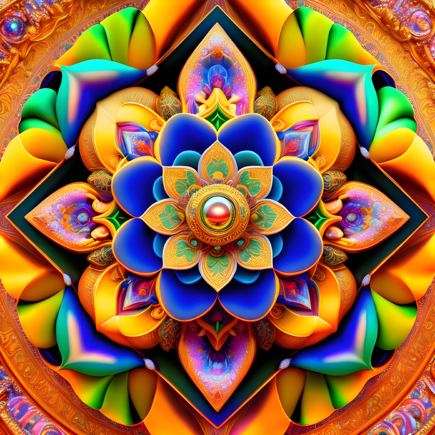 Symmetrical flower-like fractal art with vibrant colors and intricate designs.