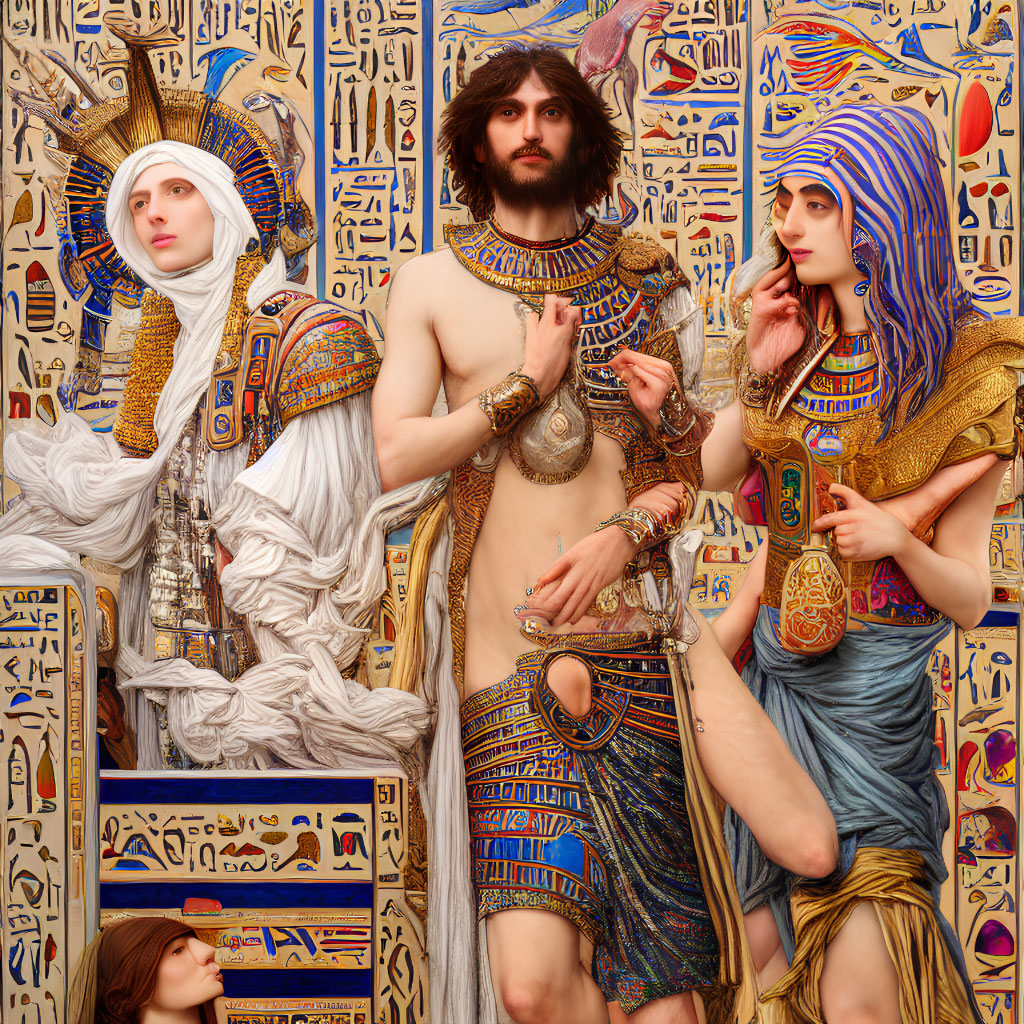 Three individuals in ancient Egyptian costumes with hieroglyph backdrop; two in royal headdresses, one shirt