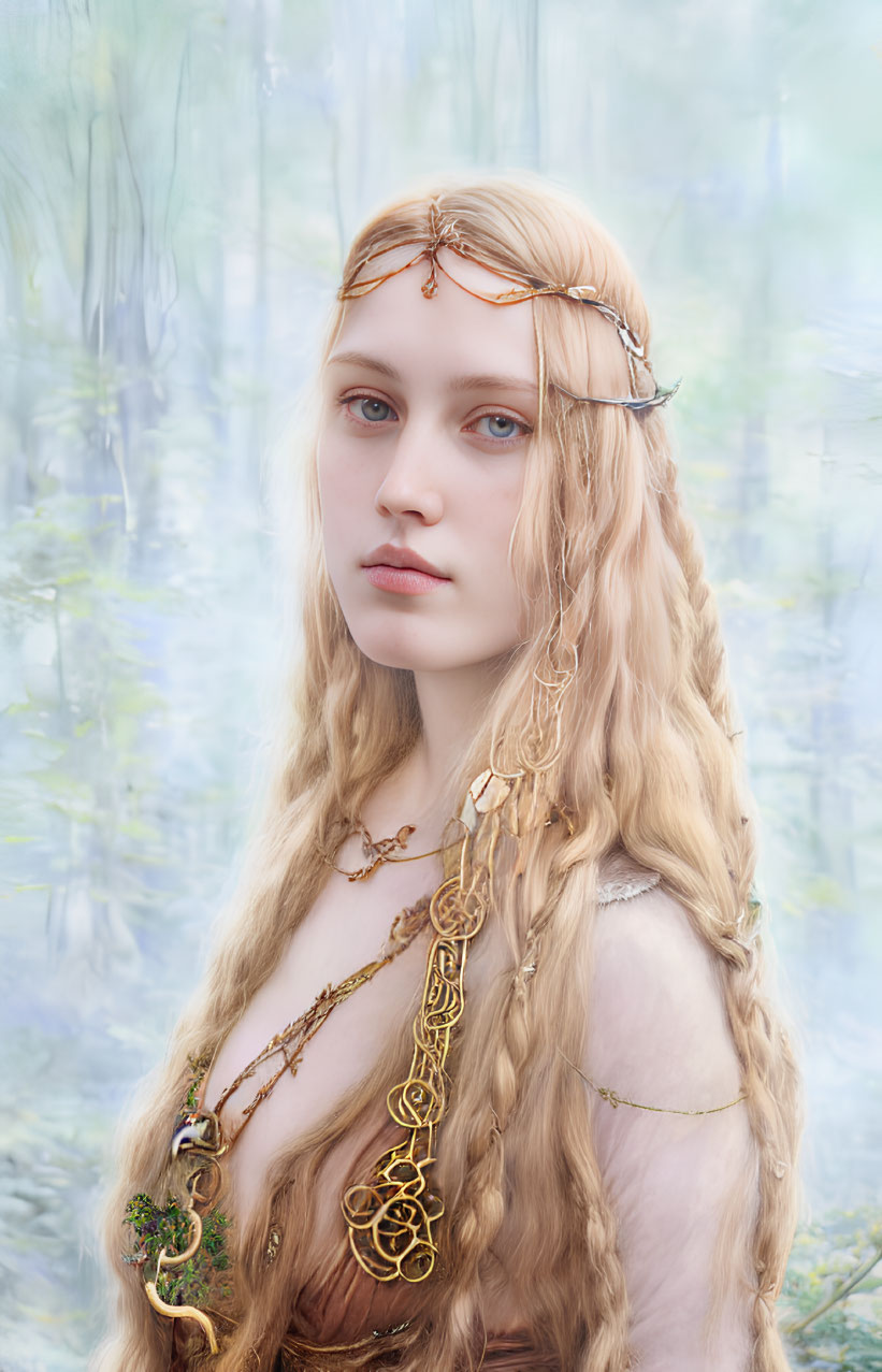 Fair-skinned woman with long blond hair and golden headpiece in misty forest.