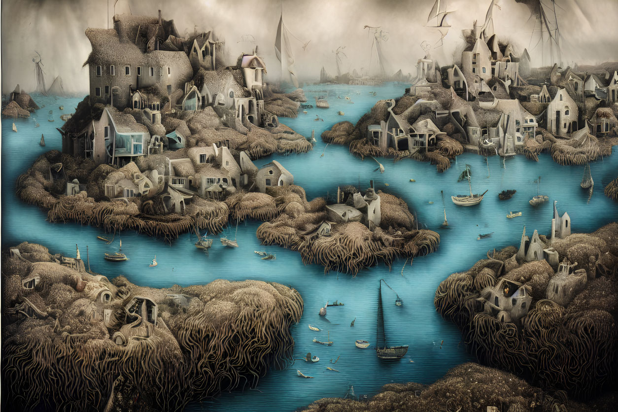 Surreal village on wave-like landforms by calm blue sea