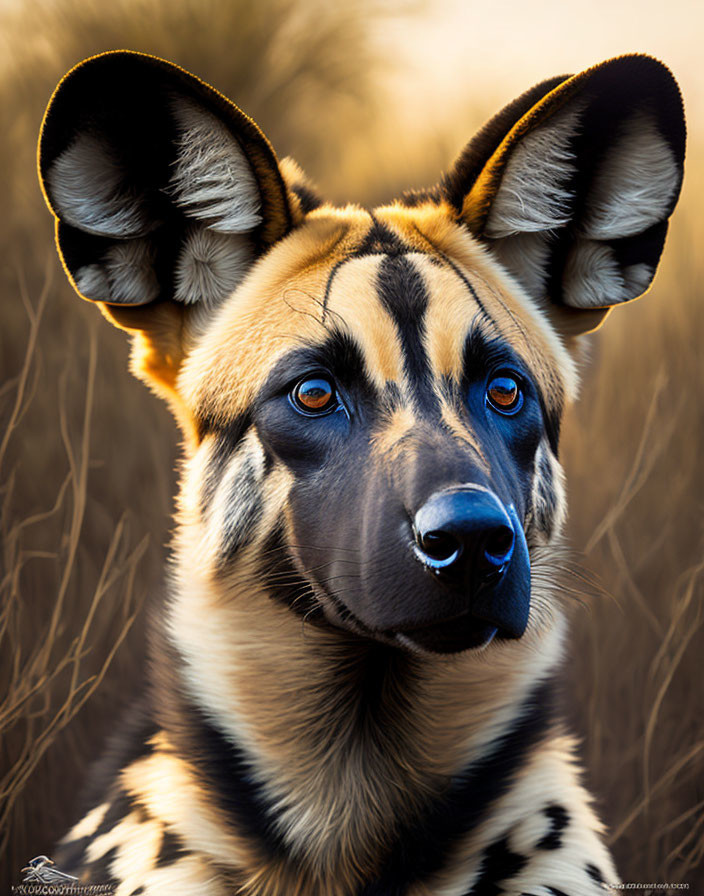 African Wild Dog with Rounded Ears and Tricolored Coat in Grass