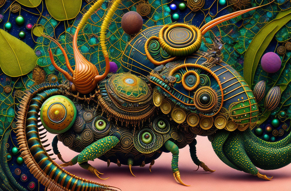 Colorful digital artwork of abstract creature with swirling patterns and textured spheres