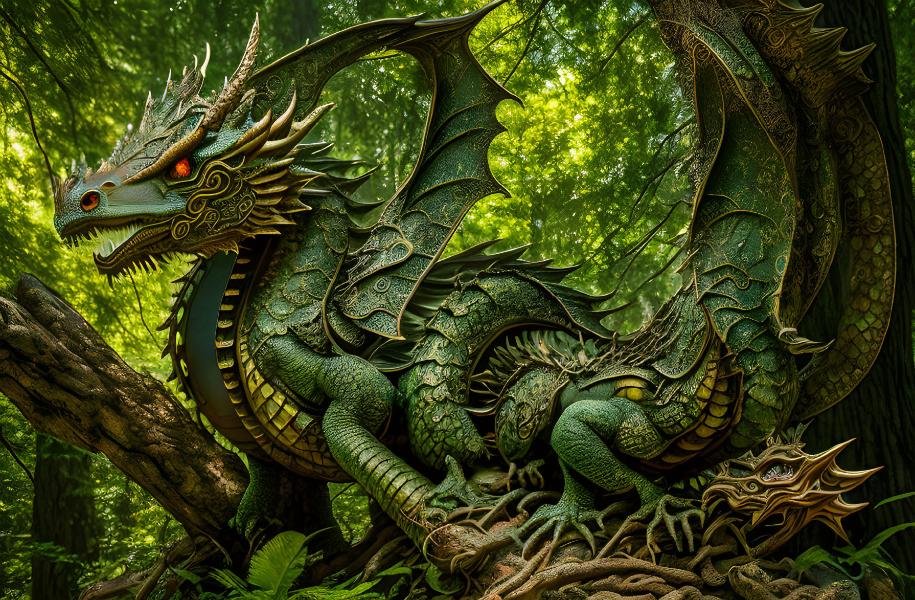 Detailed Green Dragon with Ornate Scales in Lush Forest