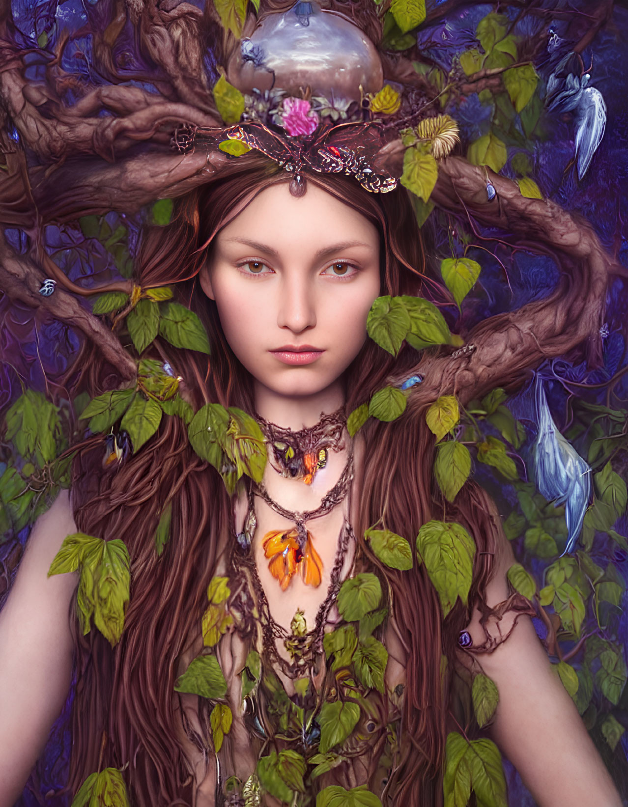 Woman with Tree Branch Antlers, Flowers, Butterflies, and Crystal Tiara