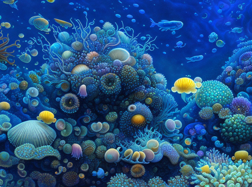 Colorful coral formations and tropical fish in deep blue ocean