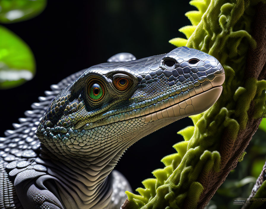 Close-Up of Green and Black Lizard with Orange-Ringed Eyes