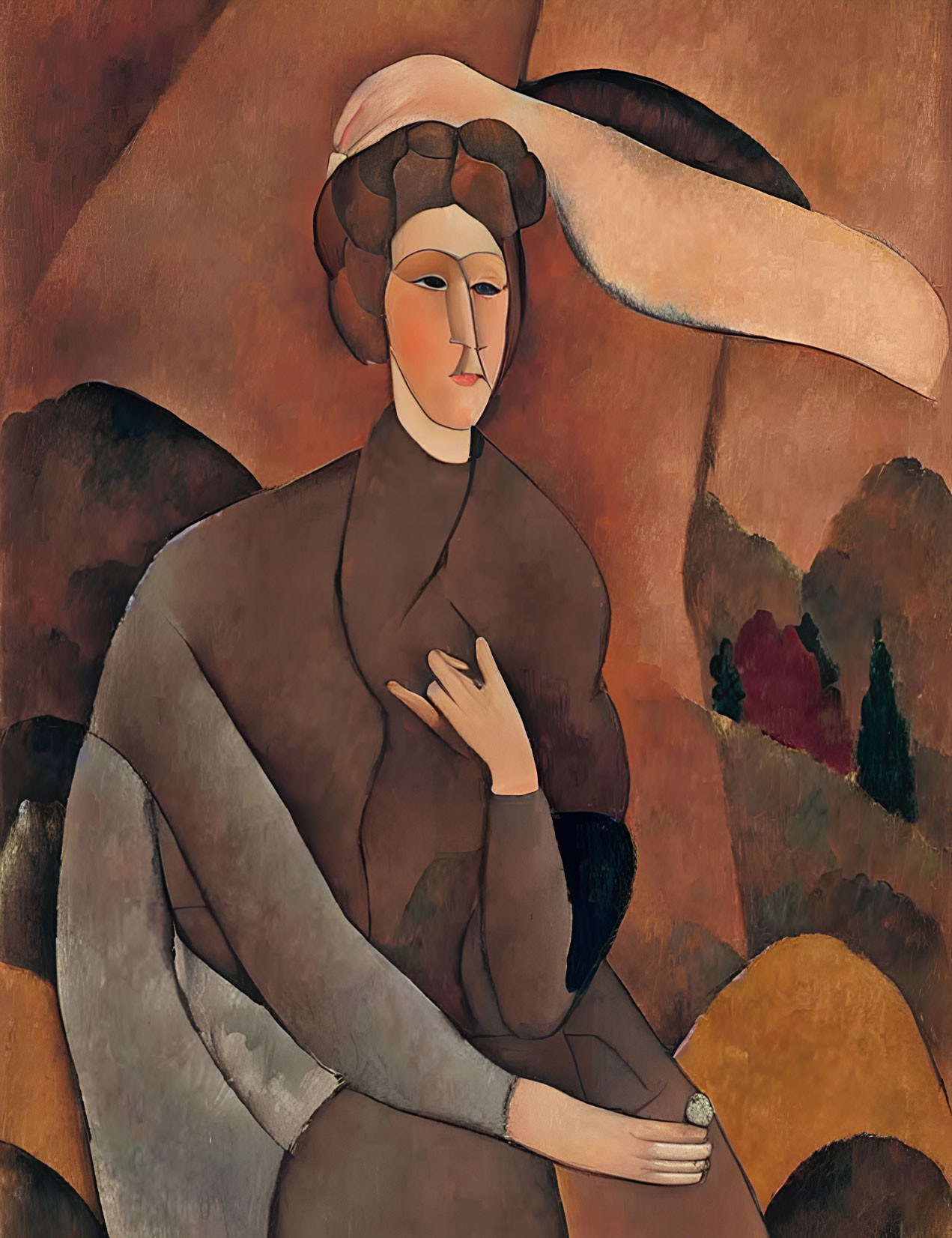 Abstract painting of stylized woman in earthy tones with serene expression