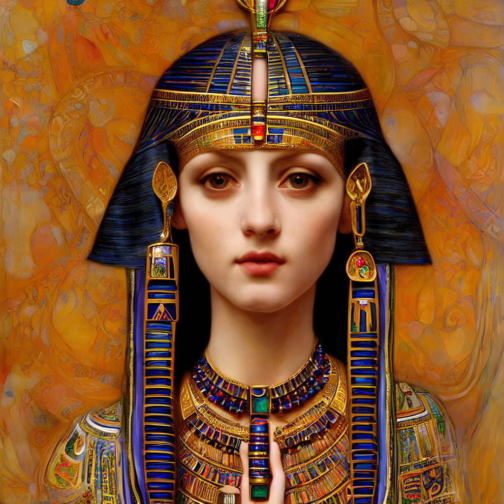 Ancient Egyptian woman with elaborate headdress and jewelry on vibrant background