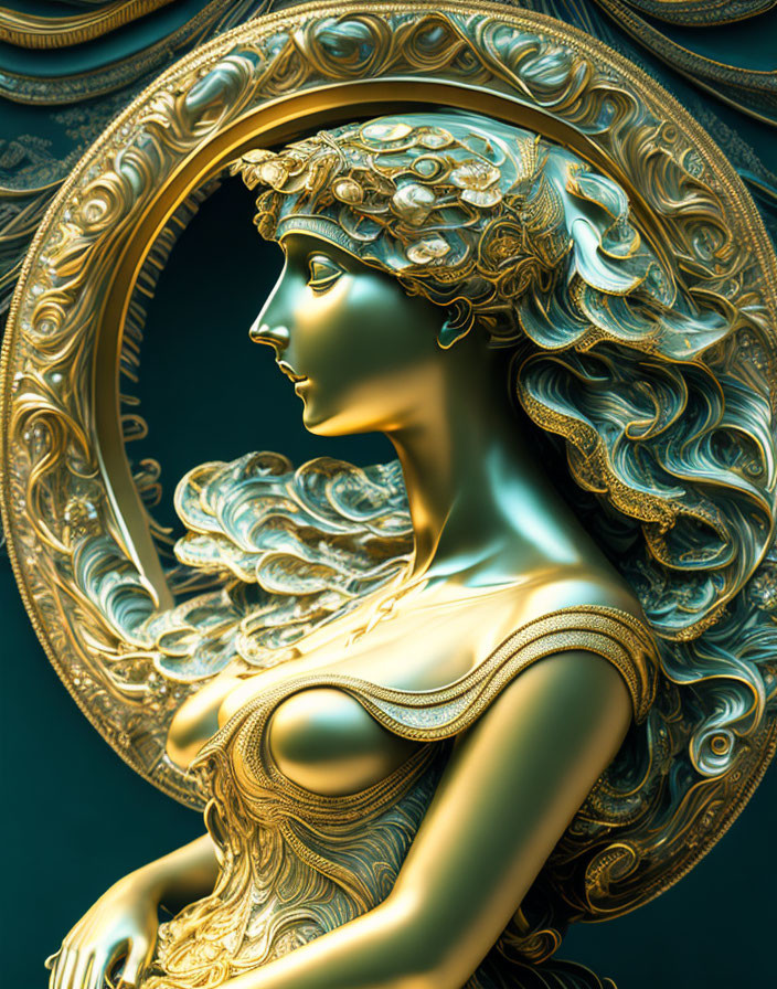 Stylized female profile with ornate golden hair on teal background