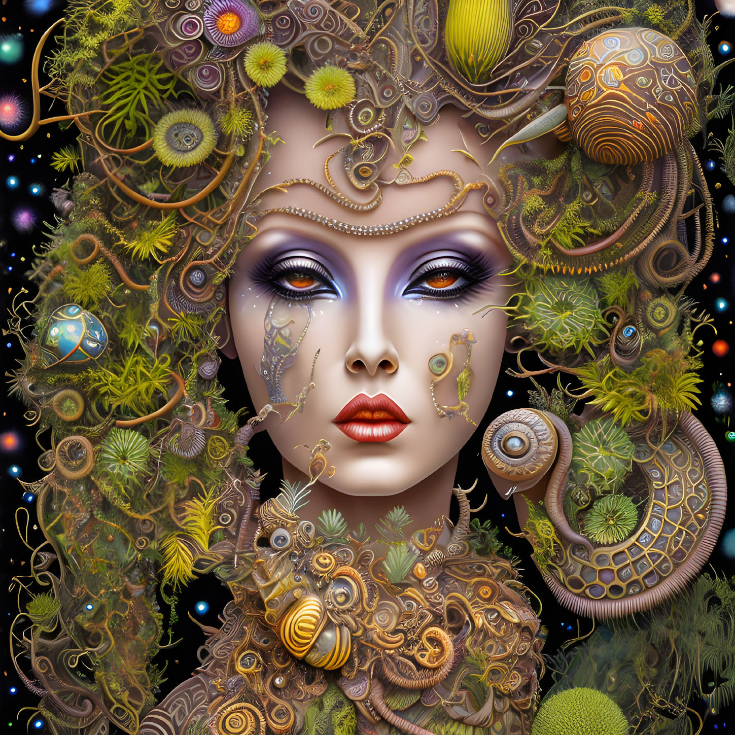 Female Figure Digital Artwork with Nature-Inspired Elements and Cosmic Background