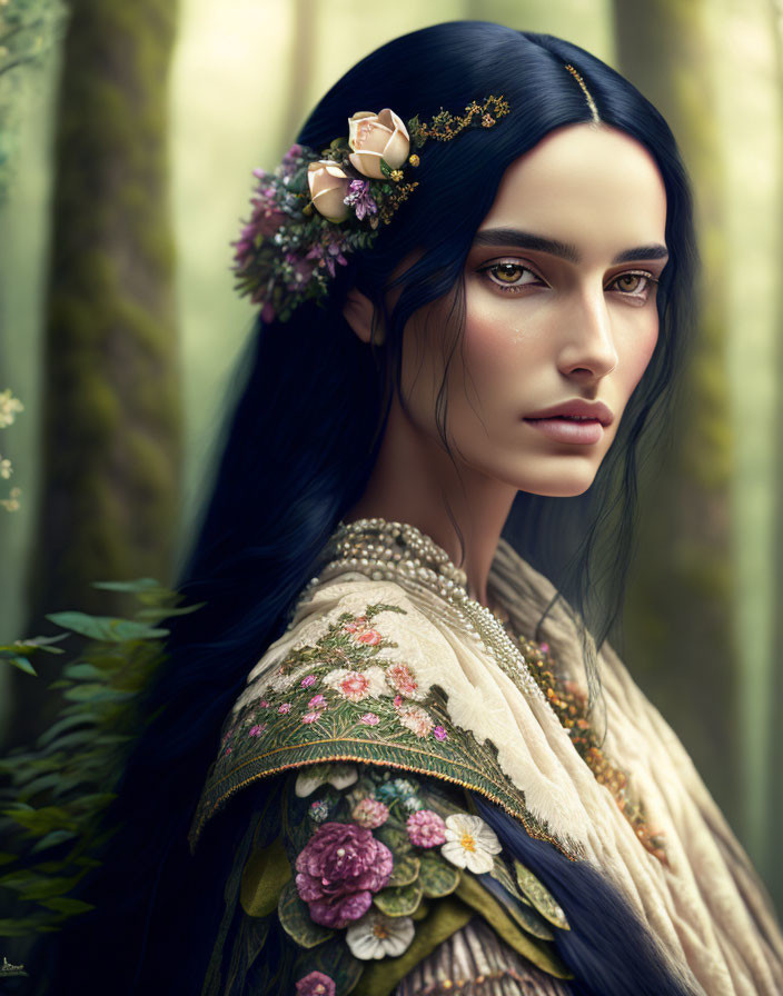 Woman with long black hair and floral adornments in serene forest setting