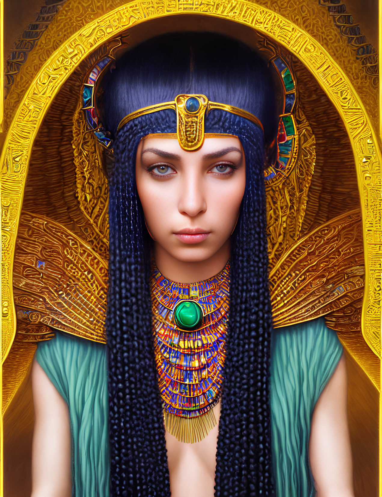 Female Figure with Blue-Black Braided Hair and Egyptian Jewelry