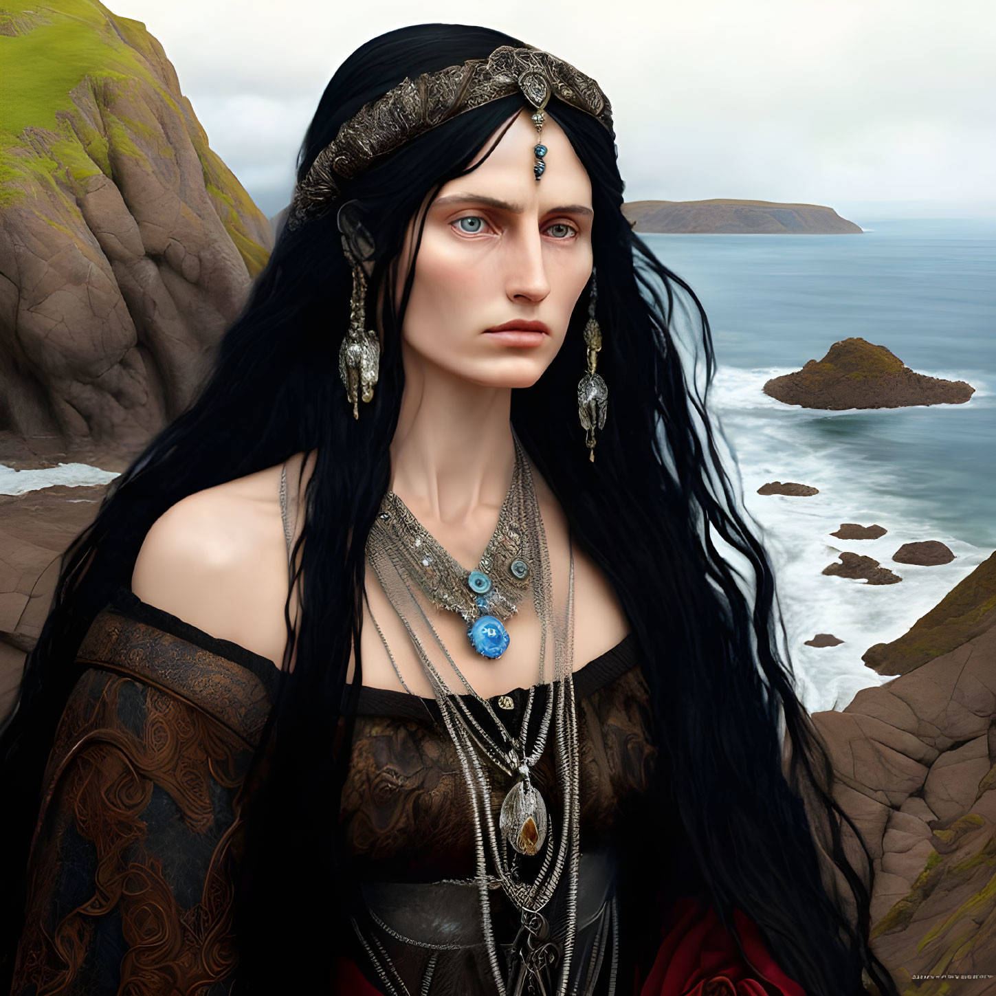 Digital artwork: Female with black hair, blue eyes, ornate jewelry on coastal cliff