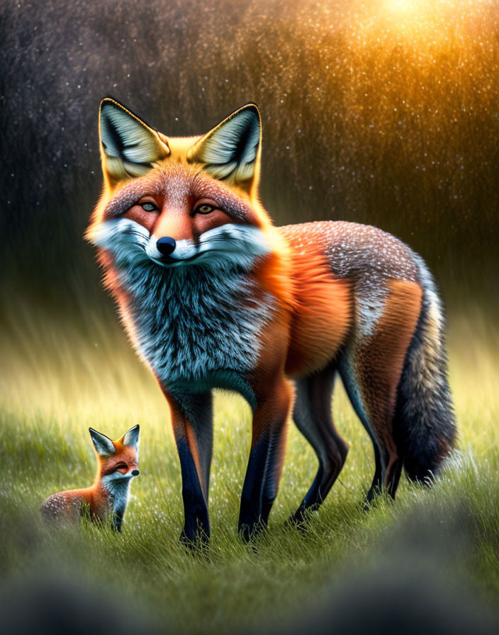 Adult fox and cub in field with sunlight highlighting rich orange fur