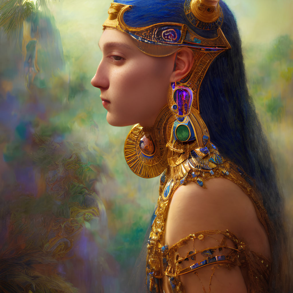 Profile view of woman in golden jewelry with blue gem-studded headdress