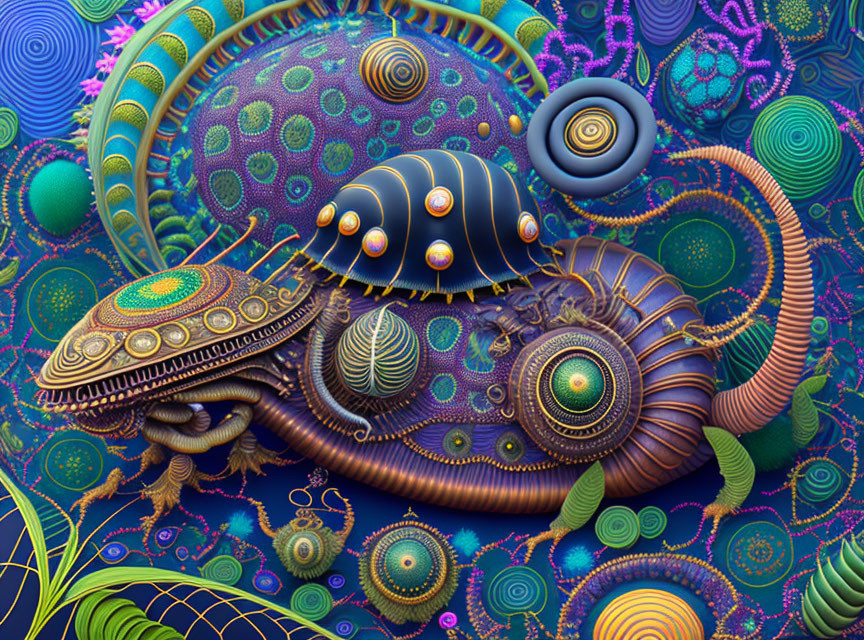 Colorful digital artwork: Surreal landscape with intricate patterns & organic shapes