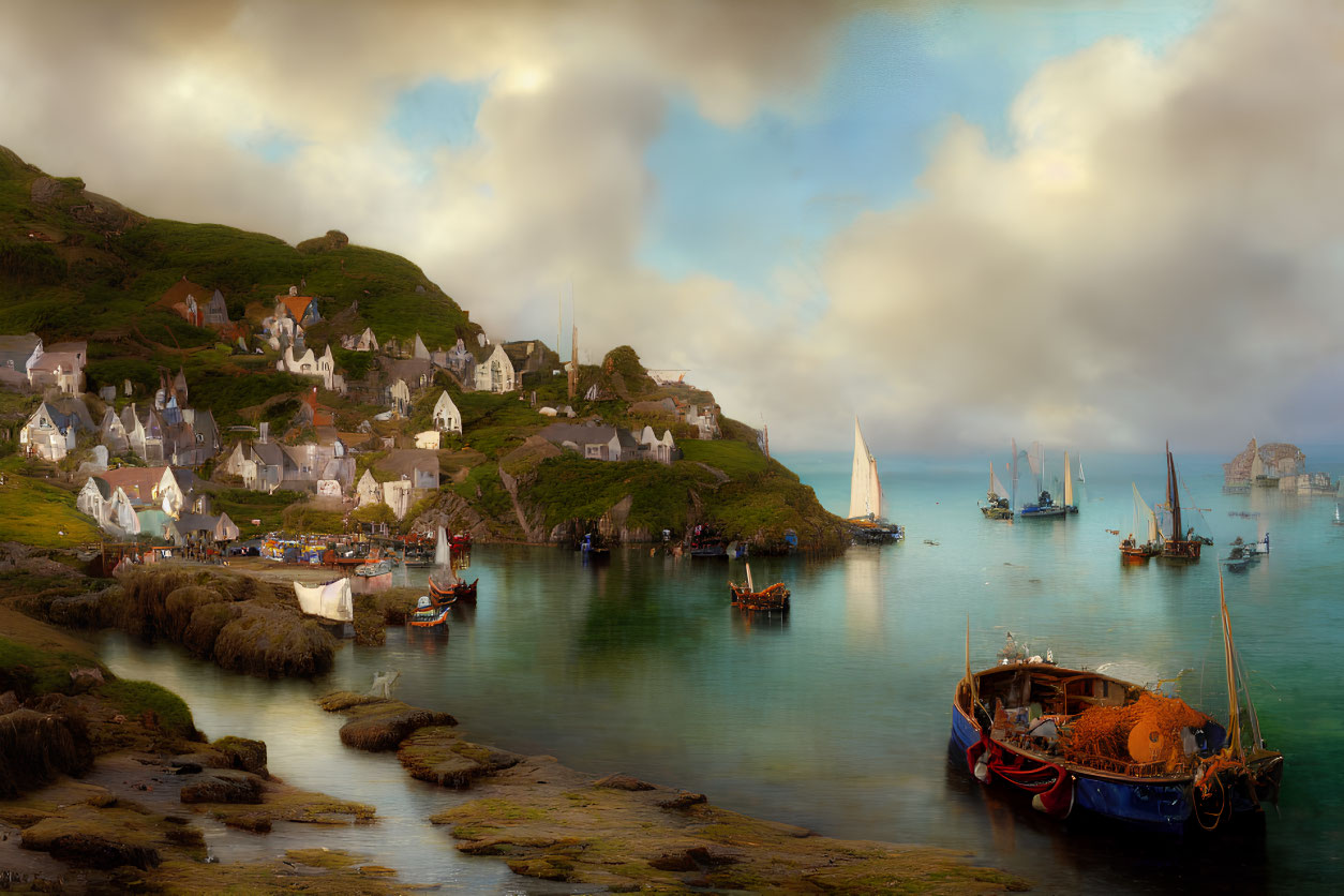 Picturesque coastal village with hillside houses, serene bay, and clear sky