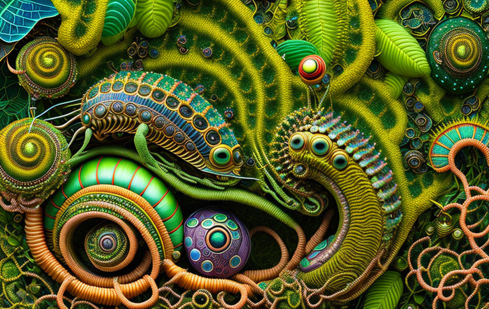 Colorful Digital Artwork: Intricate Fractal Pattern in Green Hues