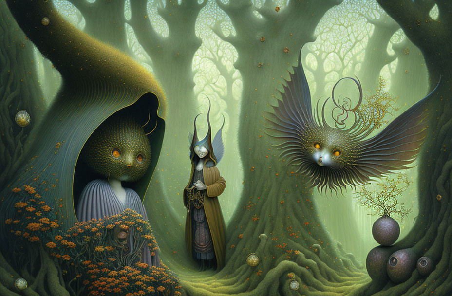 Mystical forest scene with two creatures and floating orbs