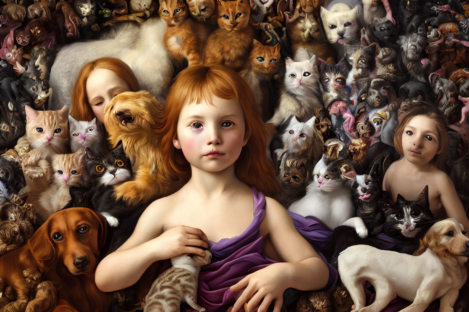 Young girl with cats and dogs in textured painting-style image