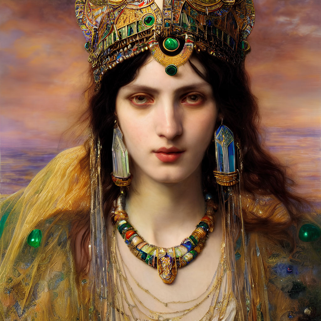 Portrait of a woman with ornate crown and intricate jewelry against warm, cloudy backdrop