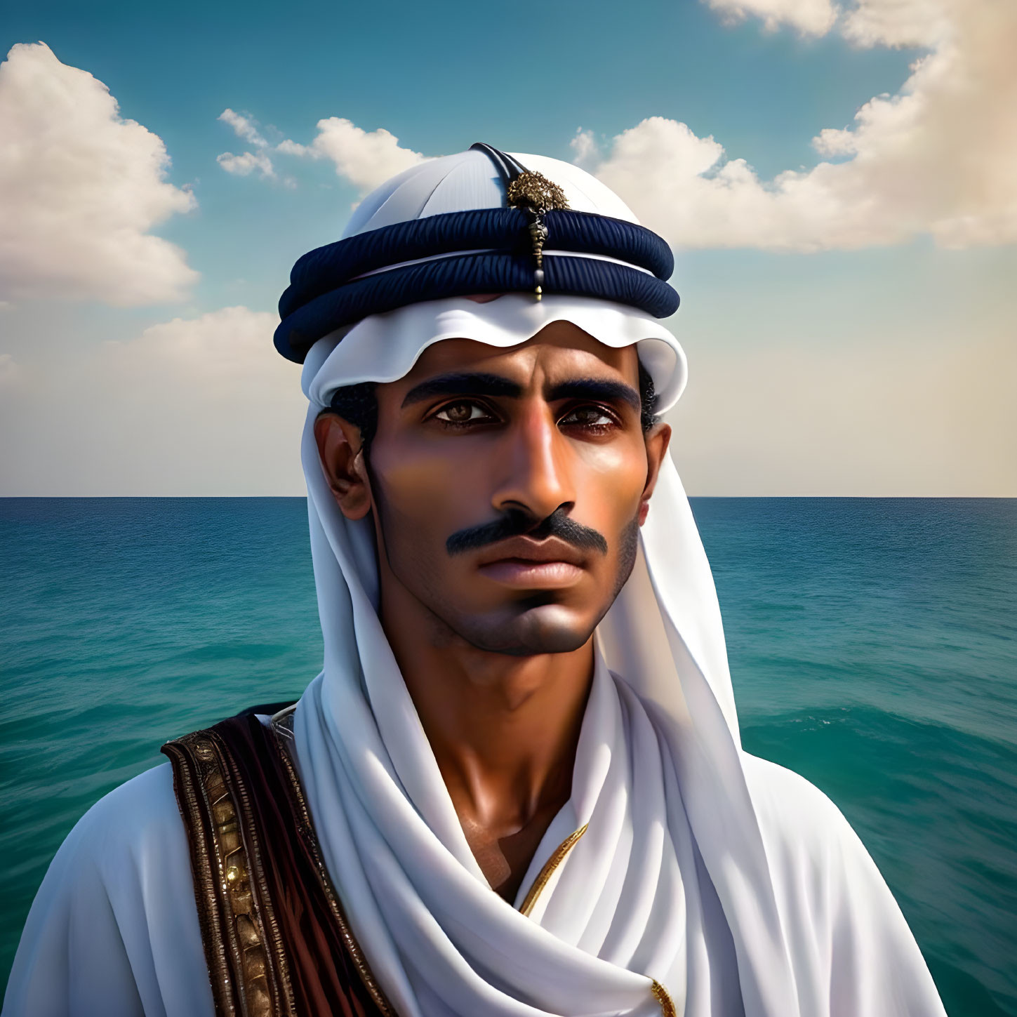 Man with White Headscarf and Dark Mustache Contemplating by the Sea