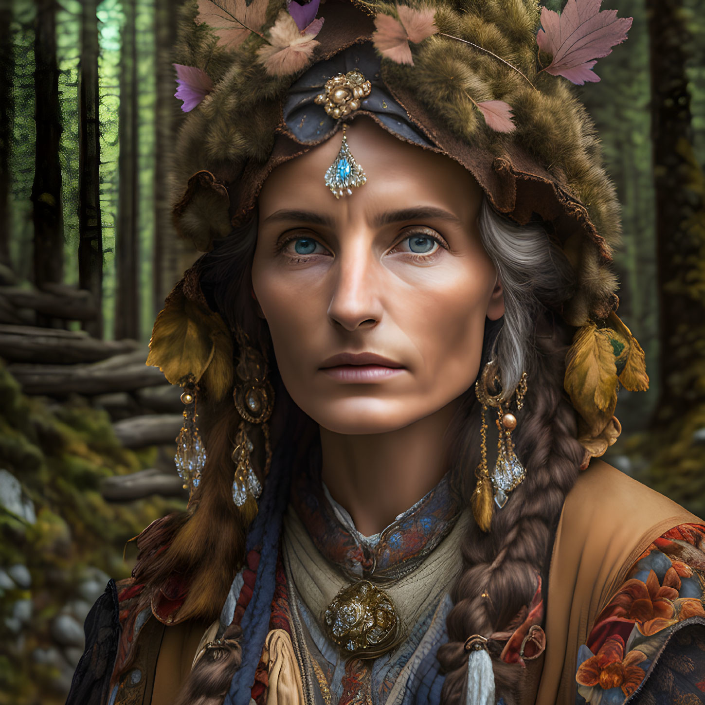 Woman in tribal attire with feathered headdress and jewelry in forest.