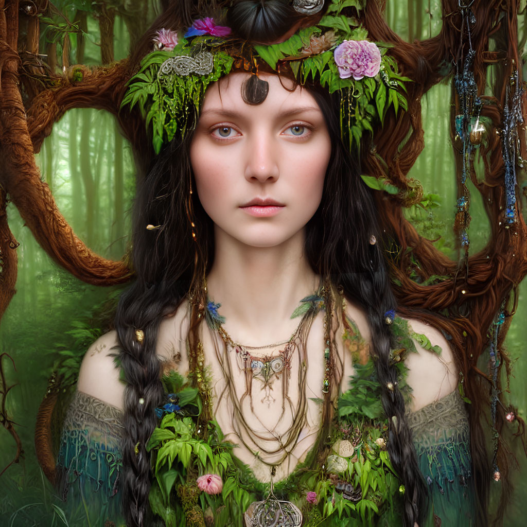 Dark-haired woman with greenery and floral jewelry in mystical forest setting